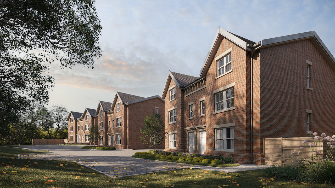 A CGI of a new development of family homes in Greetby Hill Ormskirk, there are 6 semi detached houses each with 3 storeys. Outside the homes is a small landscaped garden and paved drive and parking area. Opposite the development are trees. The developer is Henderson Homes.