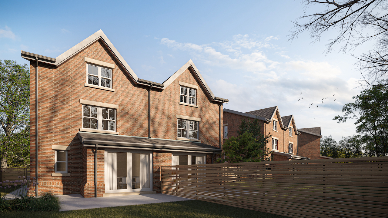 A CGI of a new development of 3 storey semi-detached family homes in Greetby Hill Ormskirk. The images shows dappled sunlight shining on the rear of the home and to a paved dining area. At the bottom of the gardens are trees providing privacy. Between the gardens is an attractive timber fence with horizontal slats